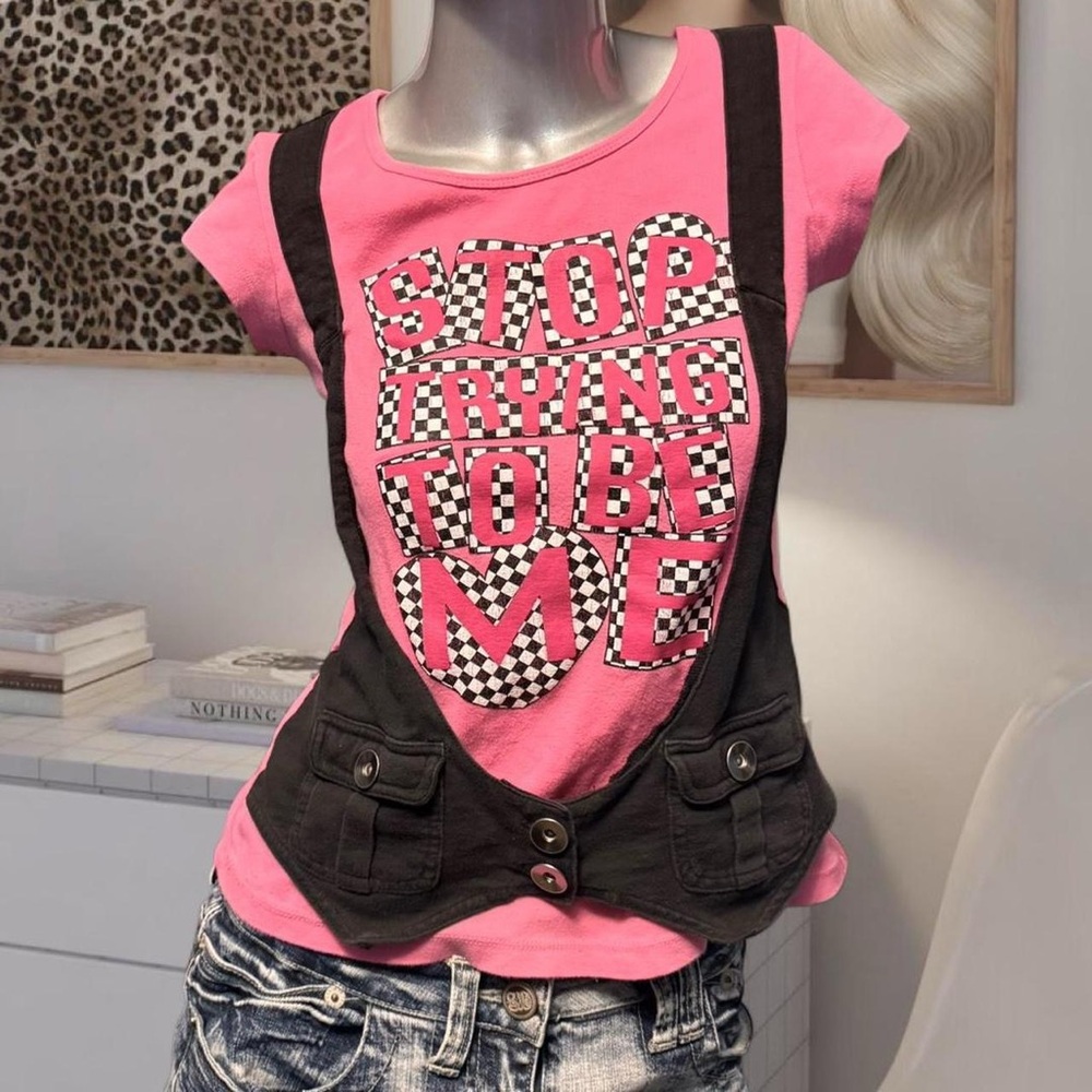 “Stop Trying To Be Me” Vintage Y2K  Layered Vest Baby Tee Shirt
